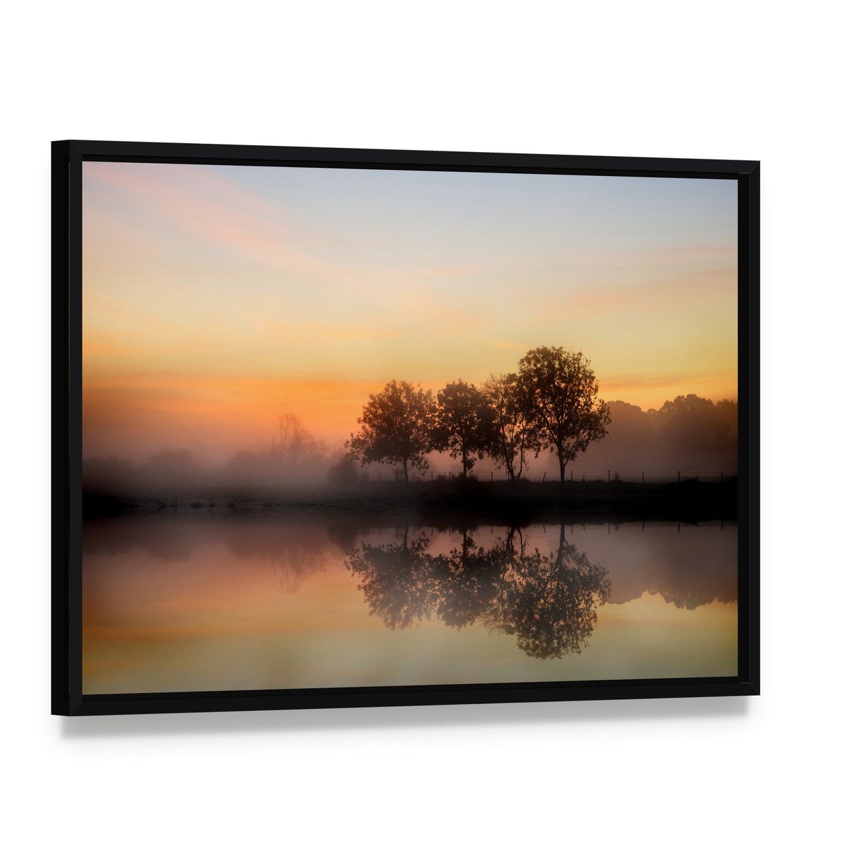 Foggy Autumn Sunrise Over Lake Canvas Wall Art, framed canvas in a black floater frame, angled product view