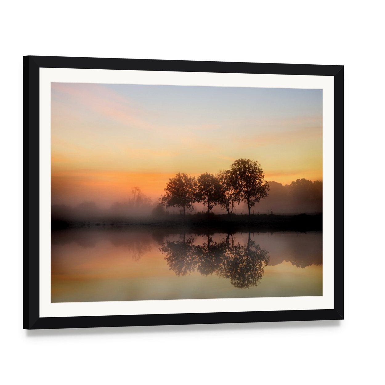 Foggy Autumn Sunrise Over Lake Canvas Wall Art, framed print with white mat and black frame, angled product view