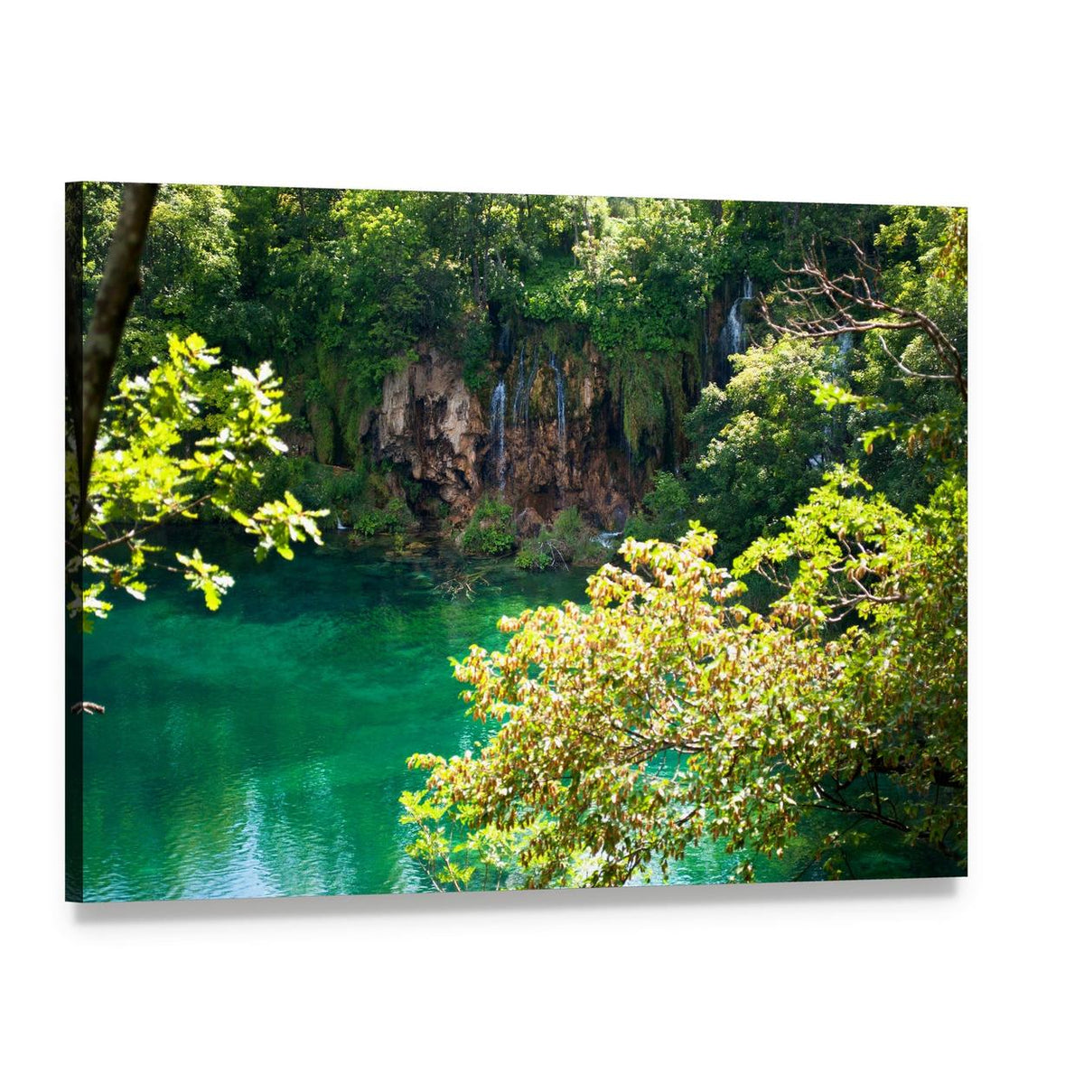 Emerald Forest Lake Canvas Wall Art, single panel gallery wrapped canvas, angled product view