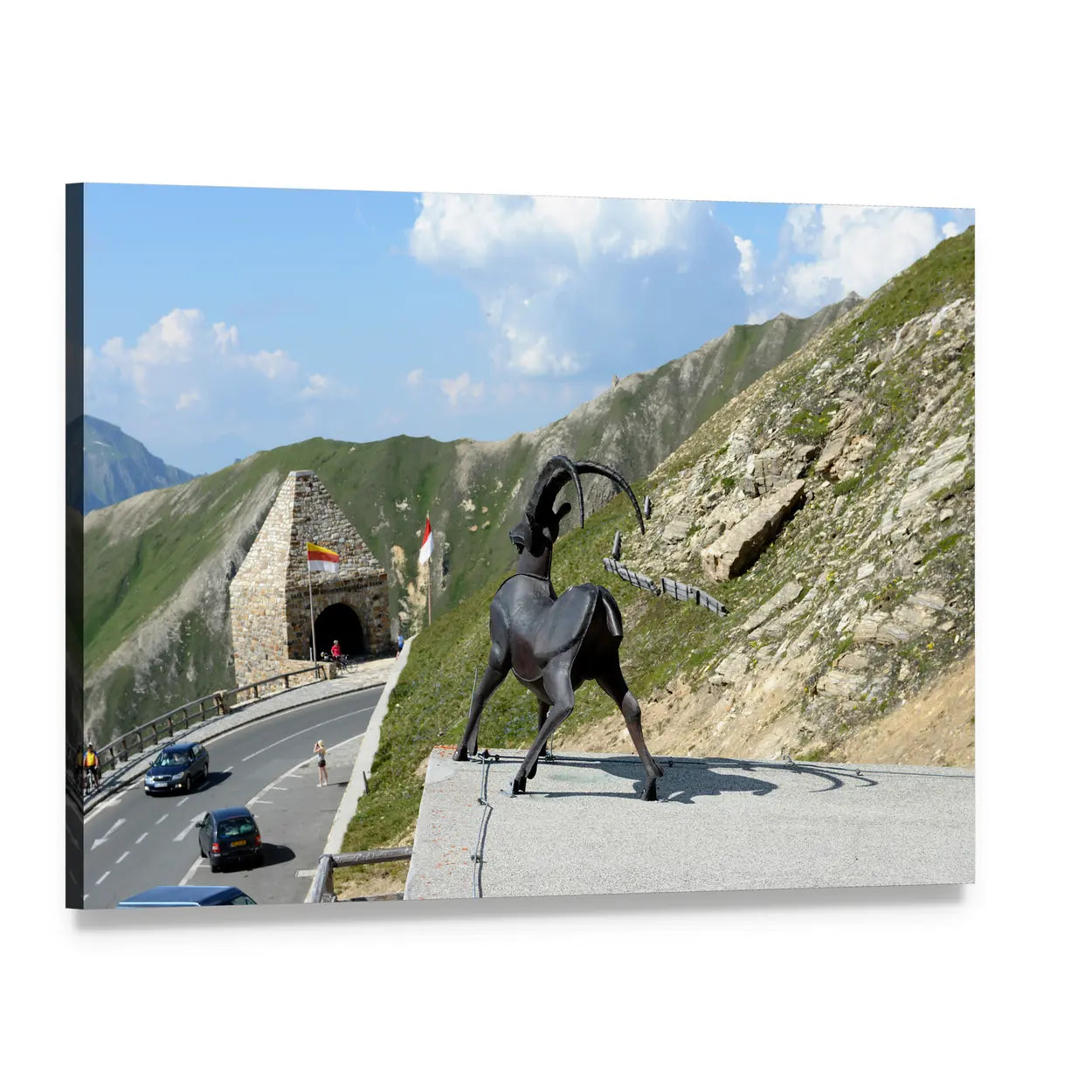 Alpine Mountain Pass with Ibex Sculpture Canvas Wall Art, single panel gallery wrapped canvas, angled product view