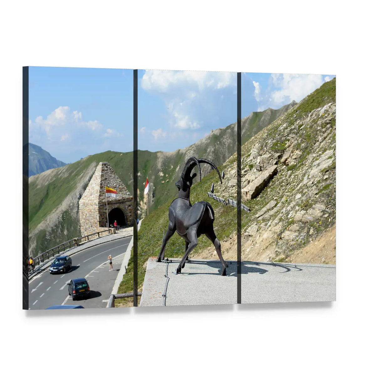 Alpine Mountain Pass with Ibex Sculpture Canvas Wall Art, 3 panel 3 Horizontal layout gallery wrapped canvas set, angled product view