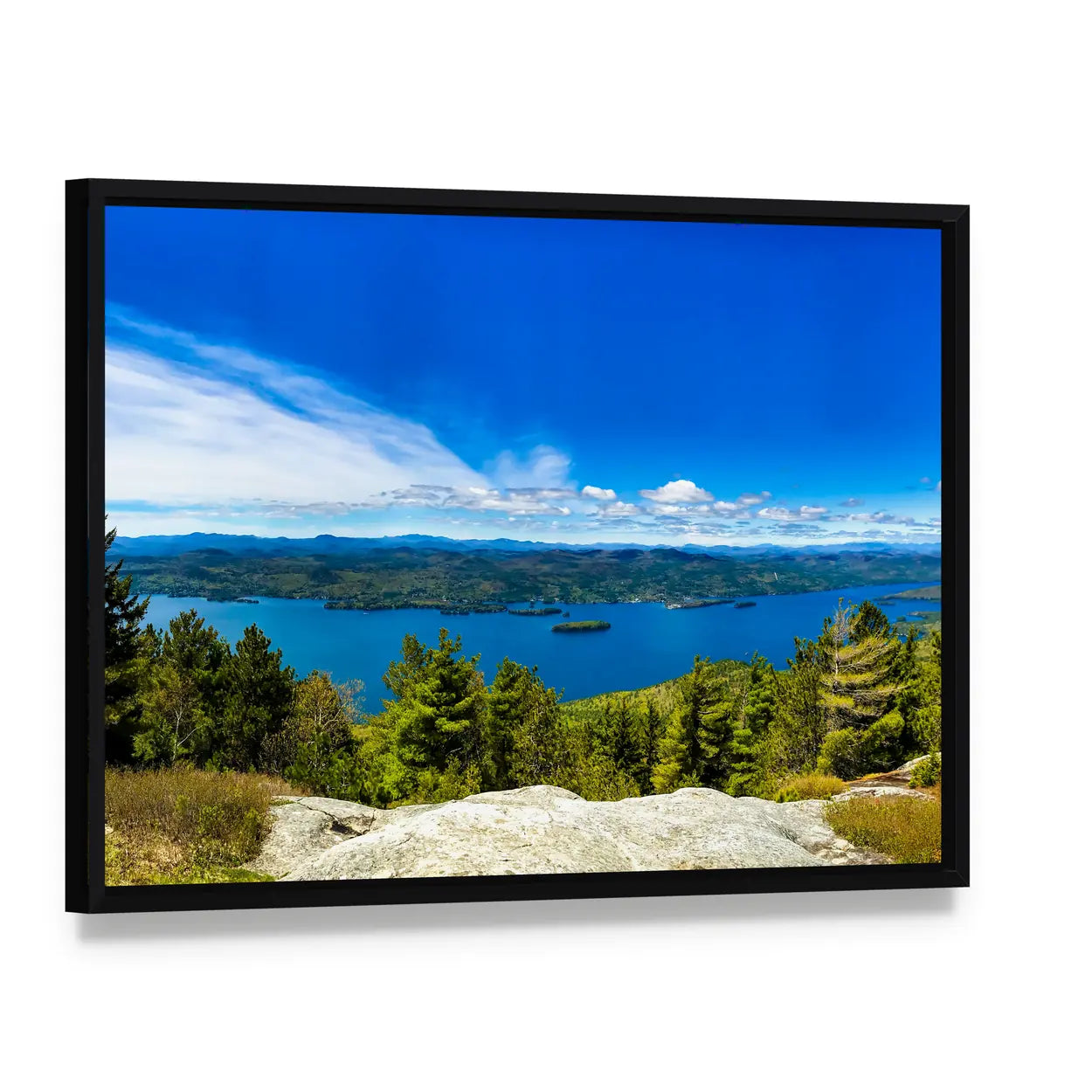 Buck Mountain Summit at Lake George Canvas Wall Art, framed canvas in a black floater frame, angled product view