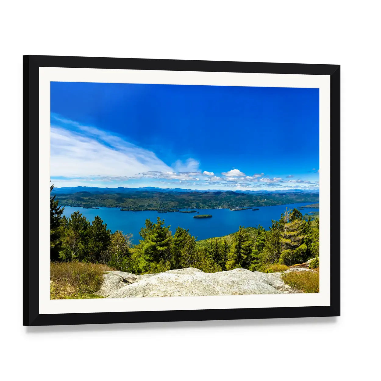 Buck Mountain Summit at Lake George Canvas Wall Art, framed print with white mat and black frame, angled product view