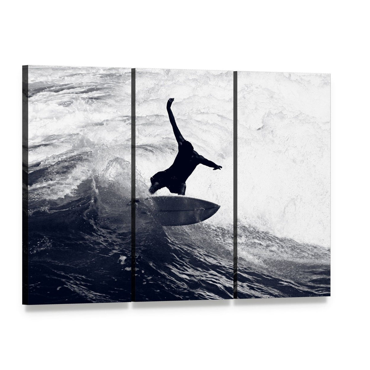 Surfer Riding the Waves Canvas Wall Art, 3 panel 3 Horizontal layout gallery wrapped canvas set, angled product view