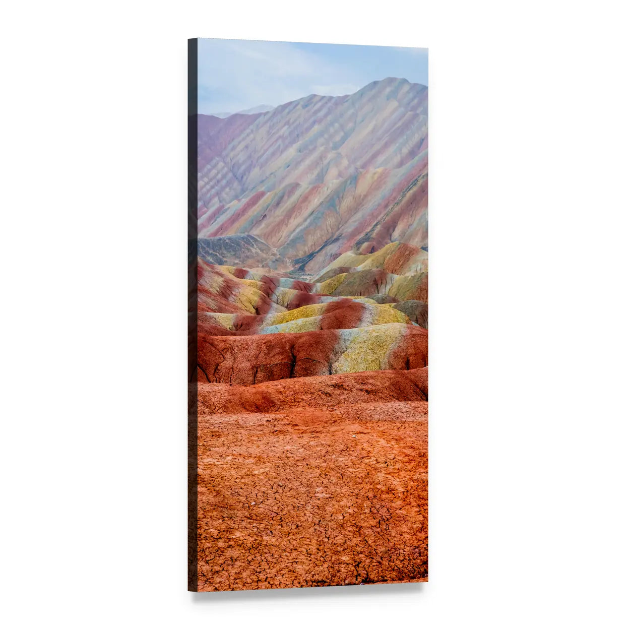 Rainbow Mountains Landscape Vertical Canvas Wall Art, 1 panel 1 Vertical layout gallery wrapped canvas set, angled product view