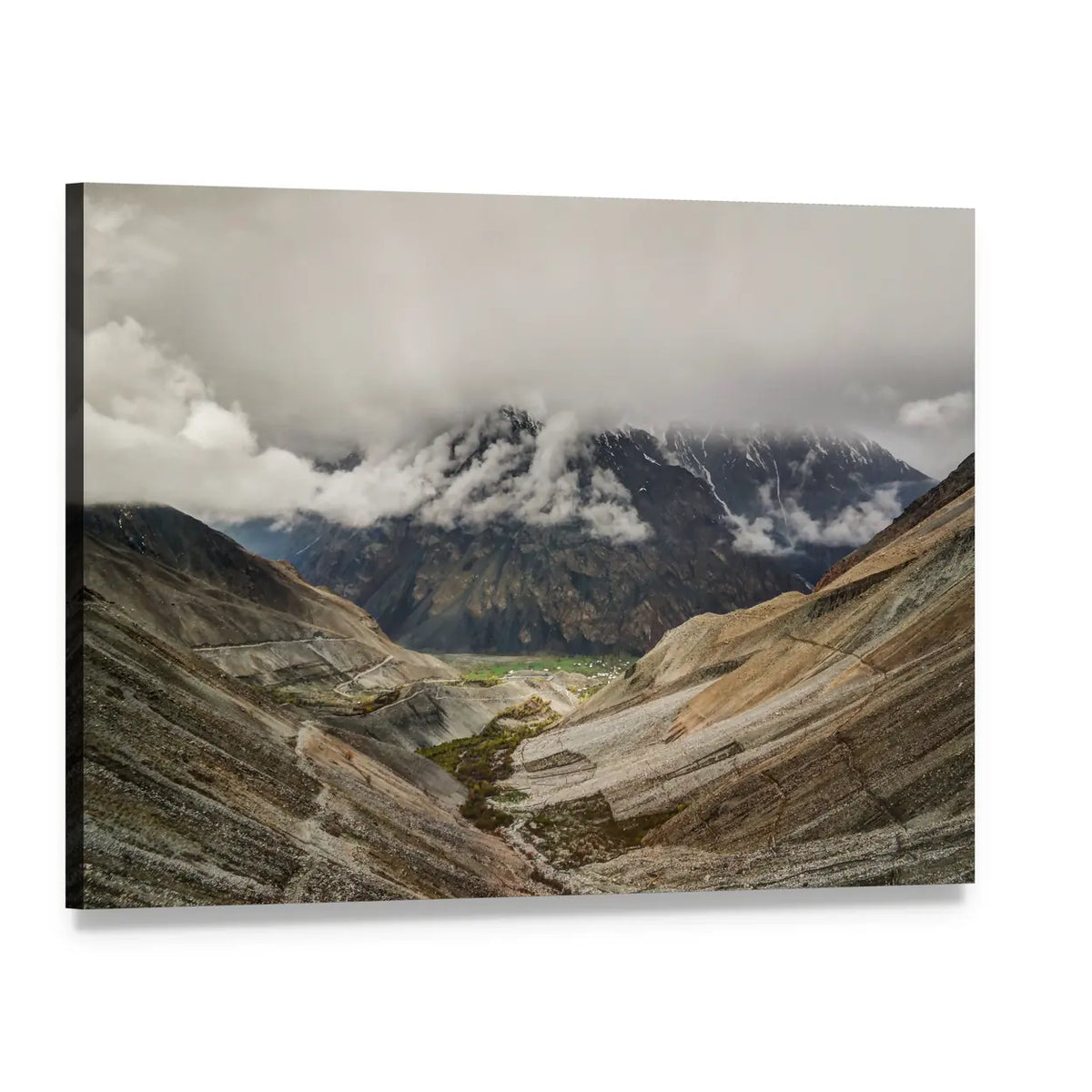 Mastuj River Valley Landscape Canvas Wall Art, single panel gallery wrapped canvas, angled product view