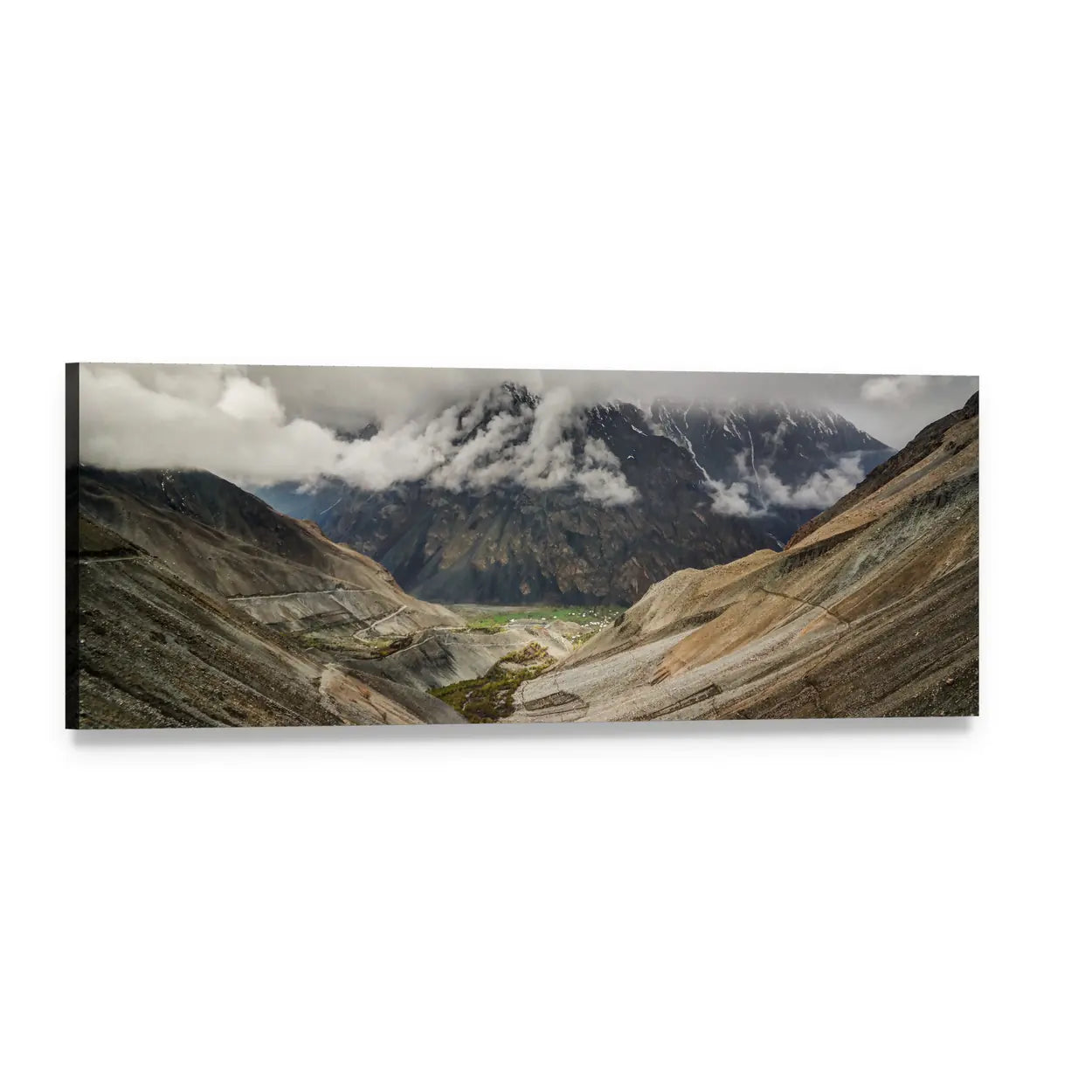 Mastuj River Valley Landscape Panoramic Canvas Wall Art, single panel gallery wrapped canvas, angled product view