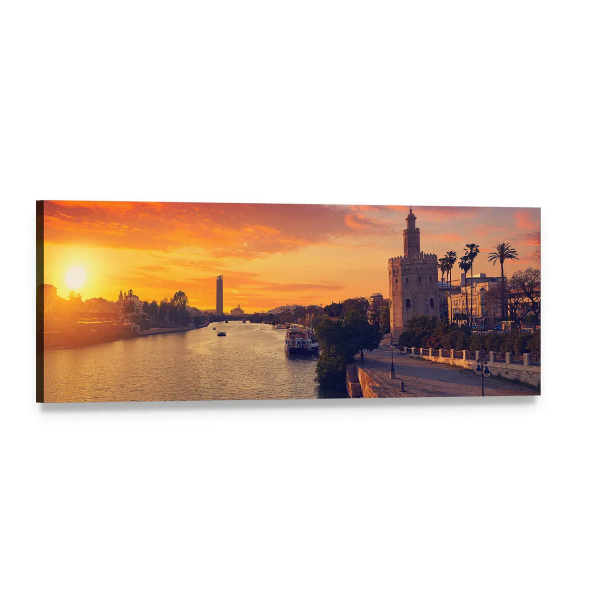 Seville Skyline at Sunset Panoramic Canvas Wall Art, single panel gallery wrapped canvas, angled product view