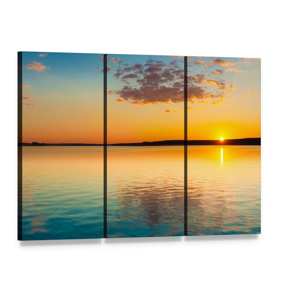 Golden Sunset Over Lake Canvas Wall Art, 3 panel 3 Horizontal layout gallery wrapped canvas set, angled product view
