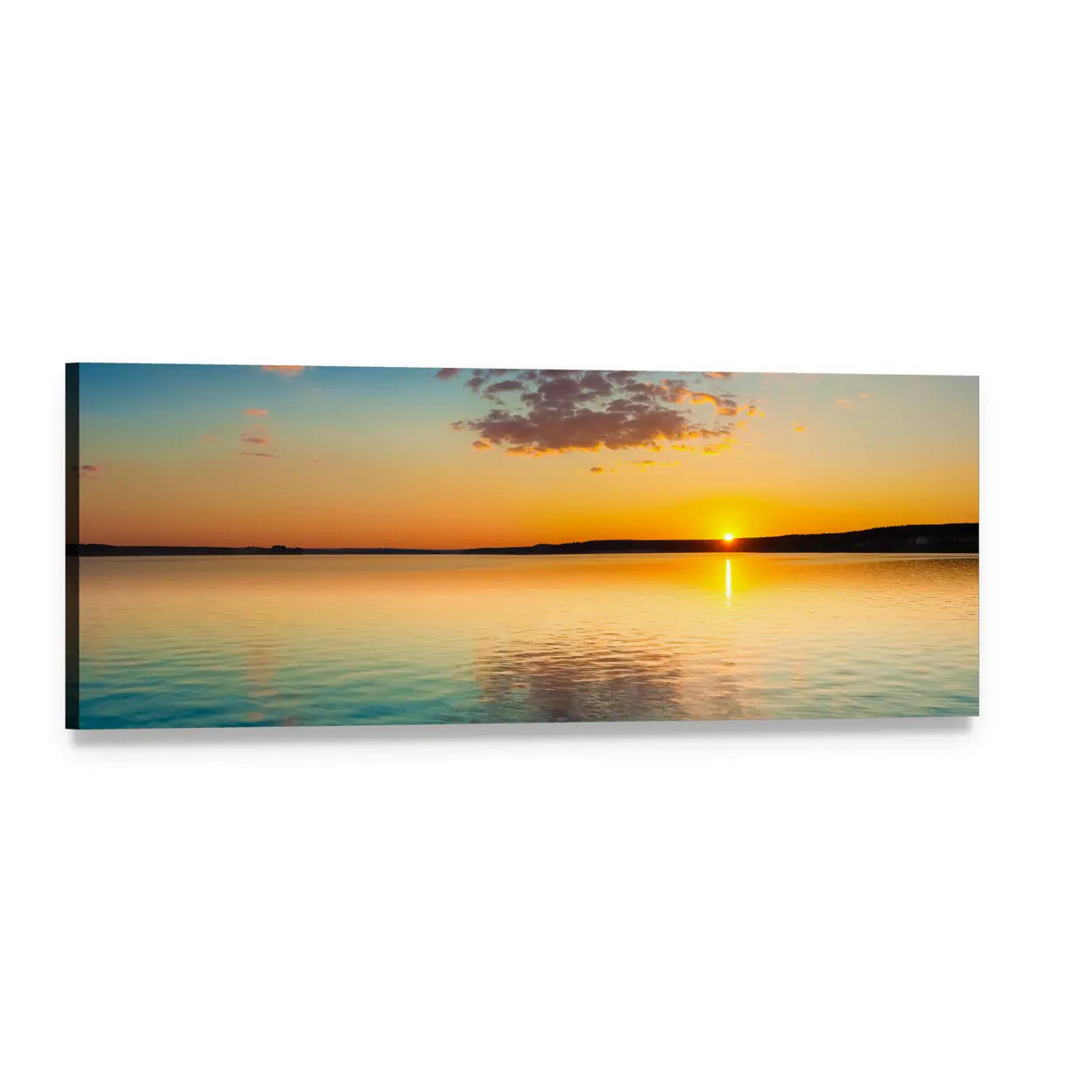 Sunset Over Sea Panoramic Canvas Wall Art, single panel gallery wrapped canvas, angled product view
