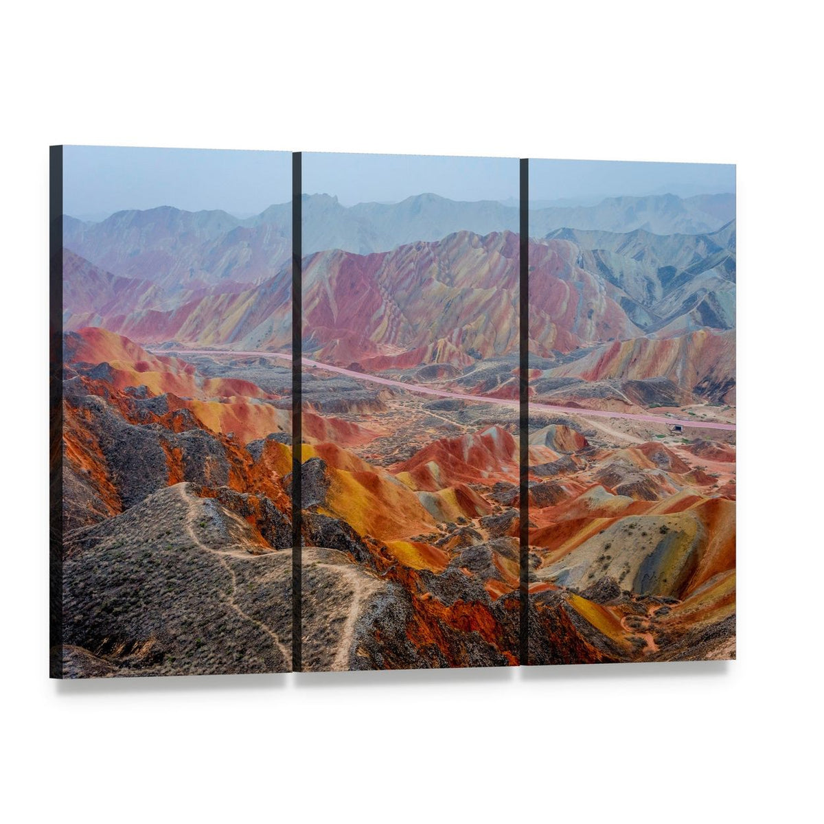 Colorful Rainbow Mountains in China Canvas Wall Art, 3 panel 3 Horizontal layout gallery wrapped canvas set, angled product view