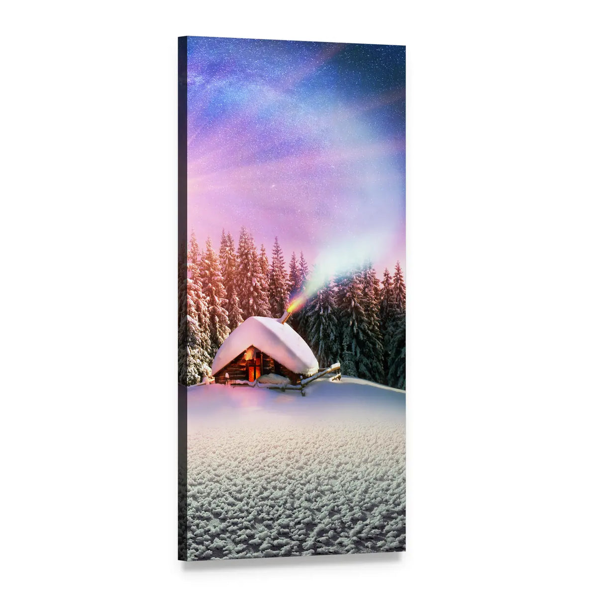 Winter Cabin in the Carpathians Vertical Canvas Wall Art, 1 panel 1 Vertical layout gallery wrapped canvas set, angled product view