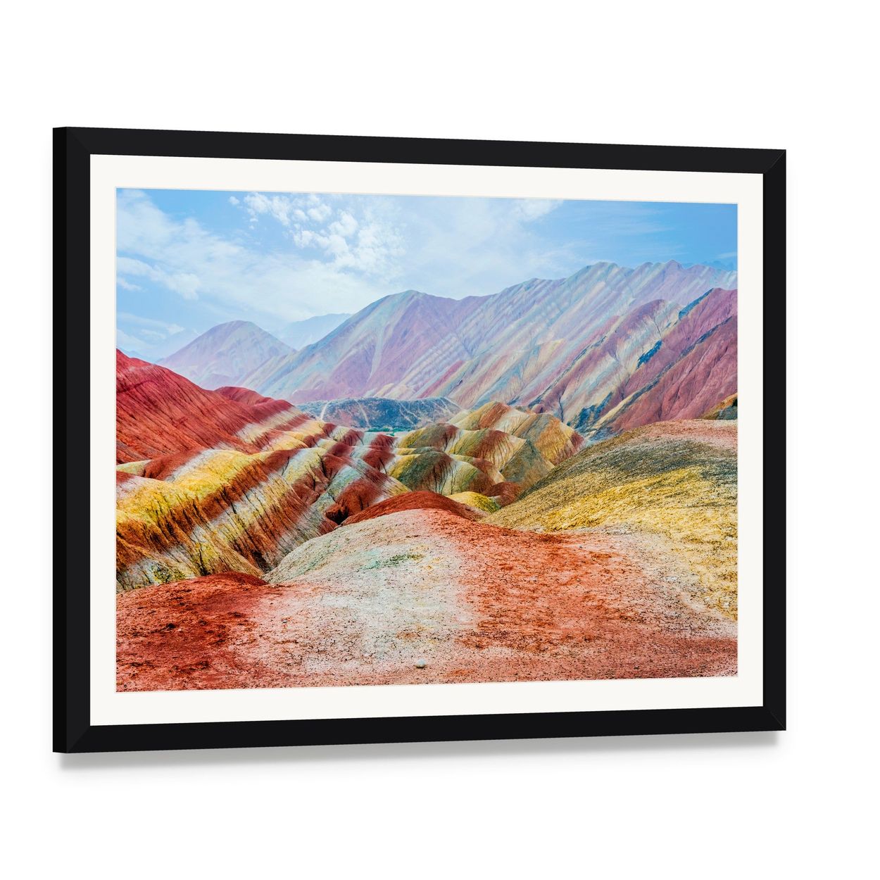 Zhangye Rainbow Mountains Under Daylight Canvas Wall Art, framed print with white mat and black frame, angled product view