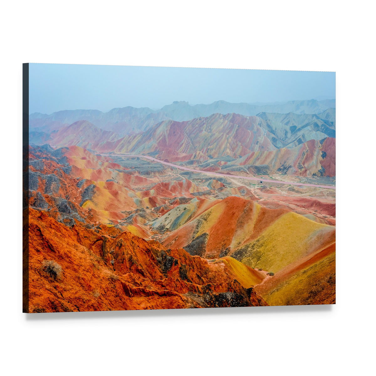 Vibrant Rainbow Mountain Landscape Canvas Wall Art, single panel gallery wrapped canvas, angled product view