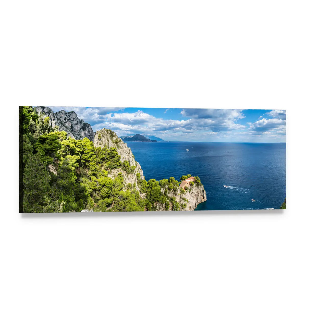 Capri Island Cliffs Over Deep Blue Sea Panoramic Canvas Wall Art, single panel gallery wrapped canvas, angled product view