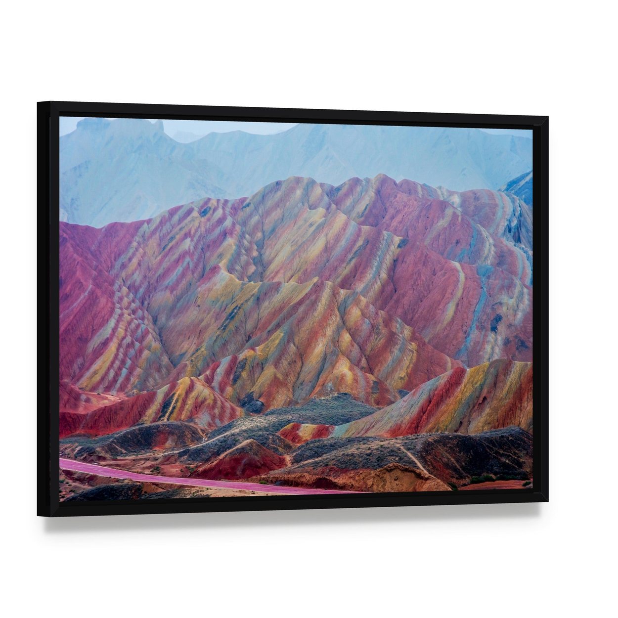 Vibrant Rainbow Mountains of Zhangye Canvas Wall Art, framed canvas in a black floater frame, angled product view