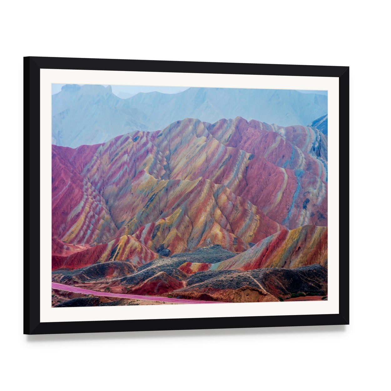 Vibrant Rainbow Mountains of Zhangye Canvas Wall Art, framed print with white mat and black frame, angled product view