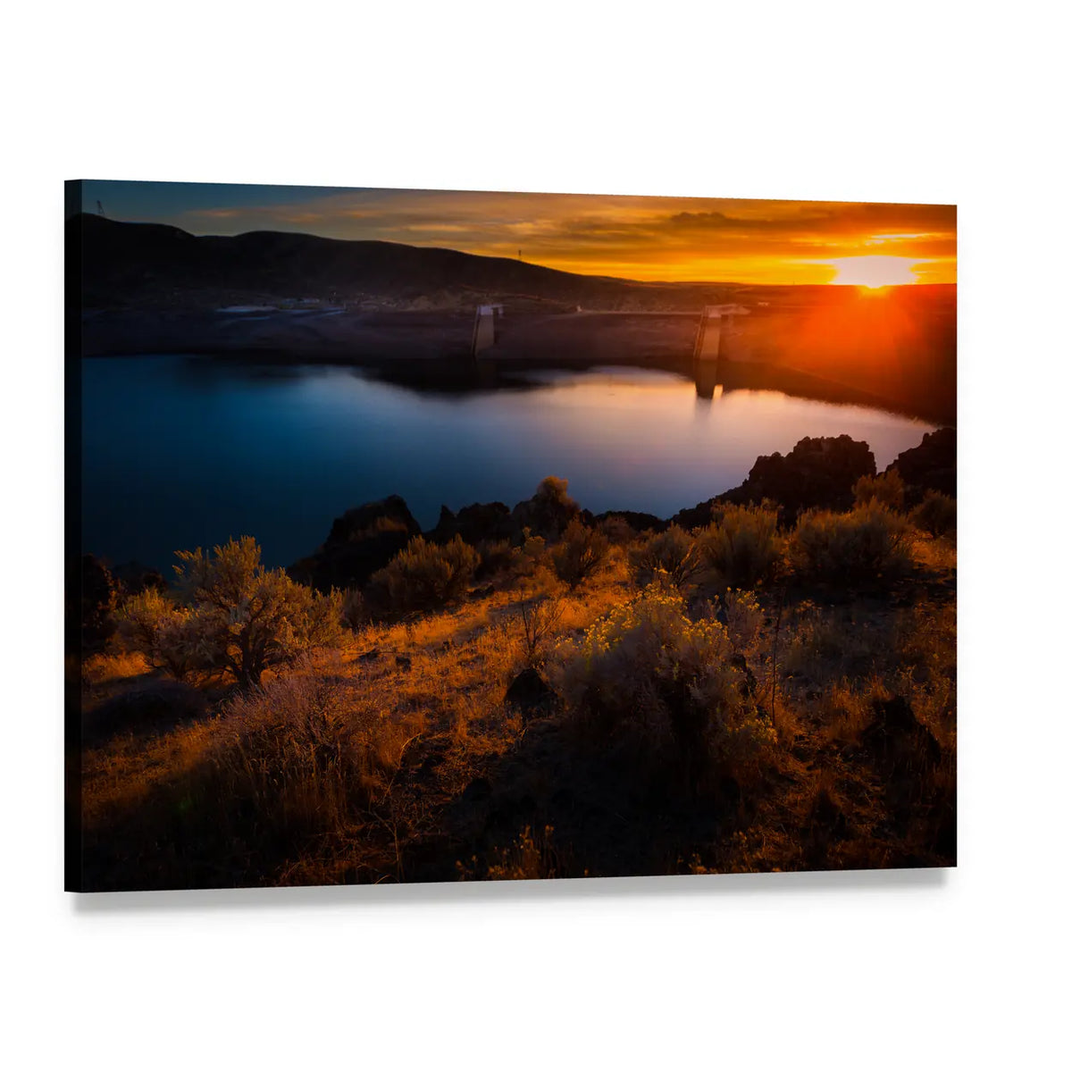 Lucky Peak Lake at Sunset Canvas Wall Art, single panel gallery wrapped canvas, angled product view