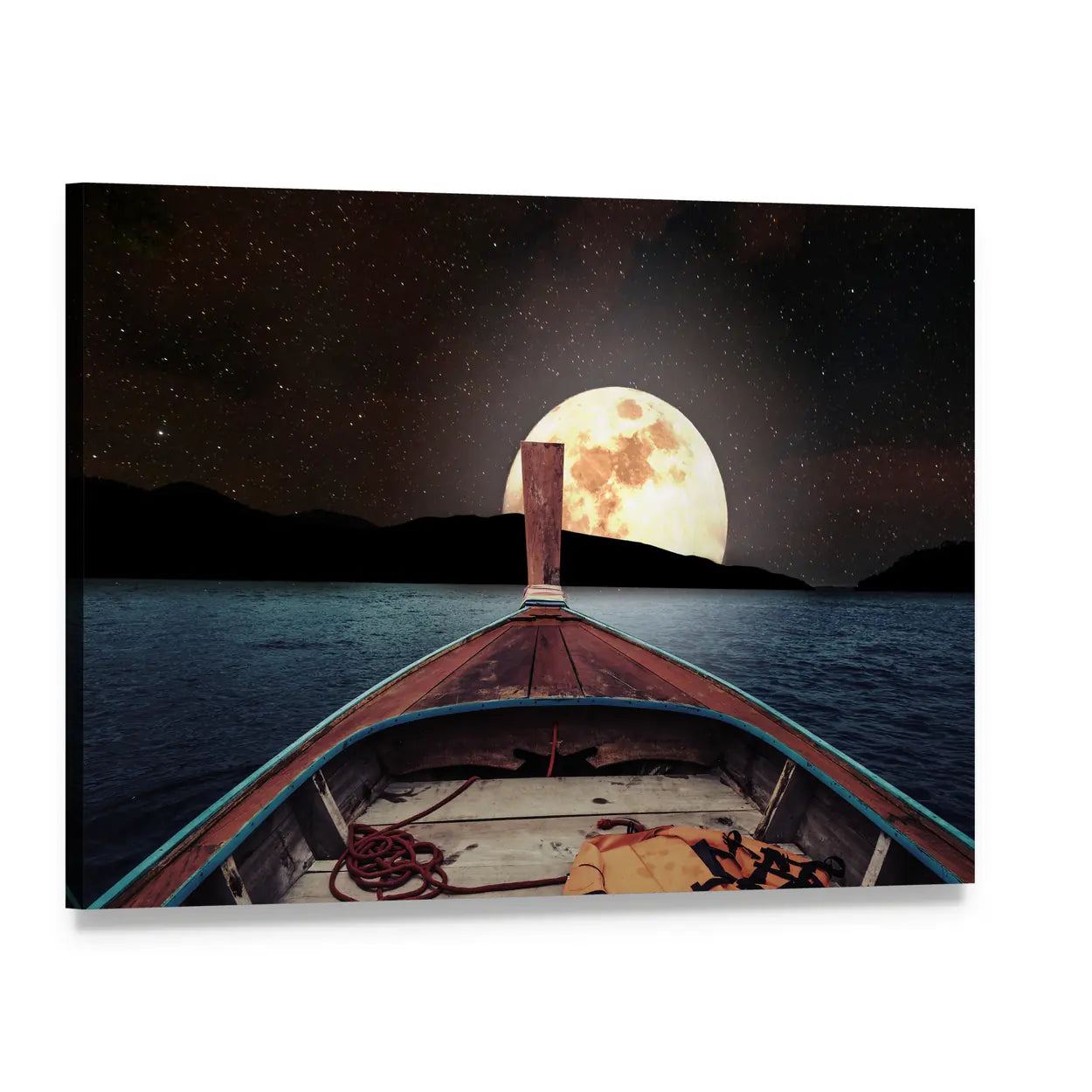 Wooden Boat at Night Canvas Wall Art, single panel gallery wrapped canvas, angled product view