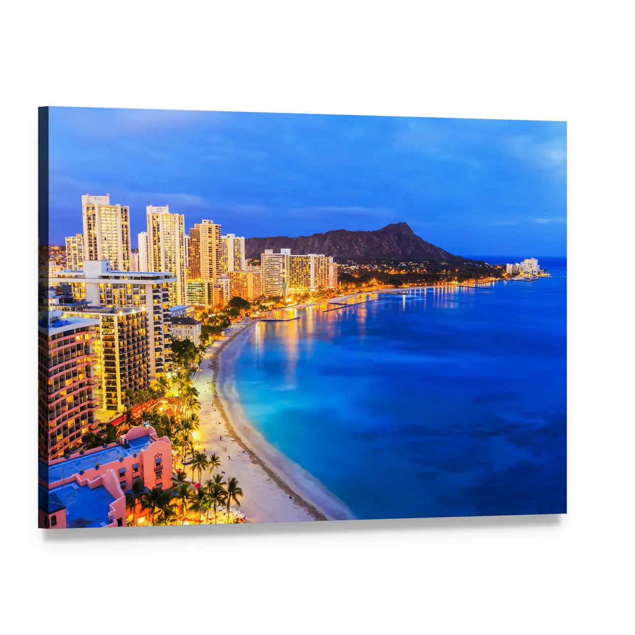 Waikiki Night Skyline with Diamond Head Canvas Wall Art, single panel gallery wrapped canvas, angled product view