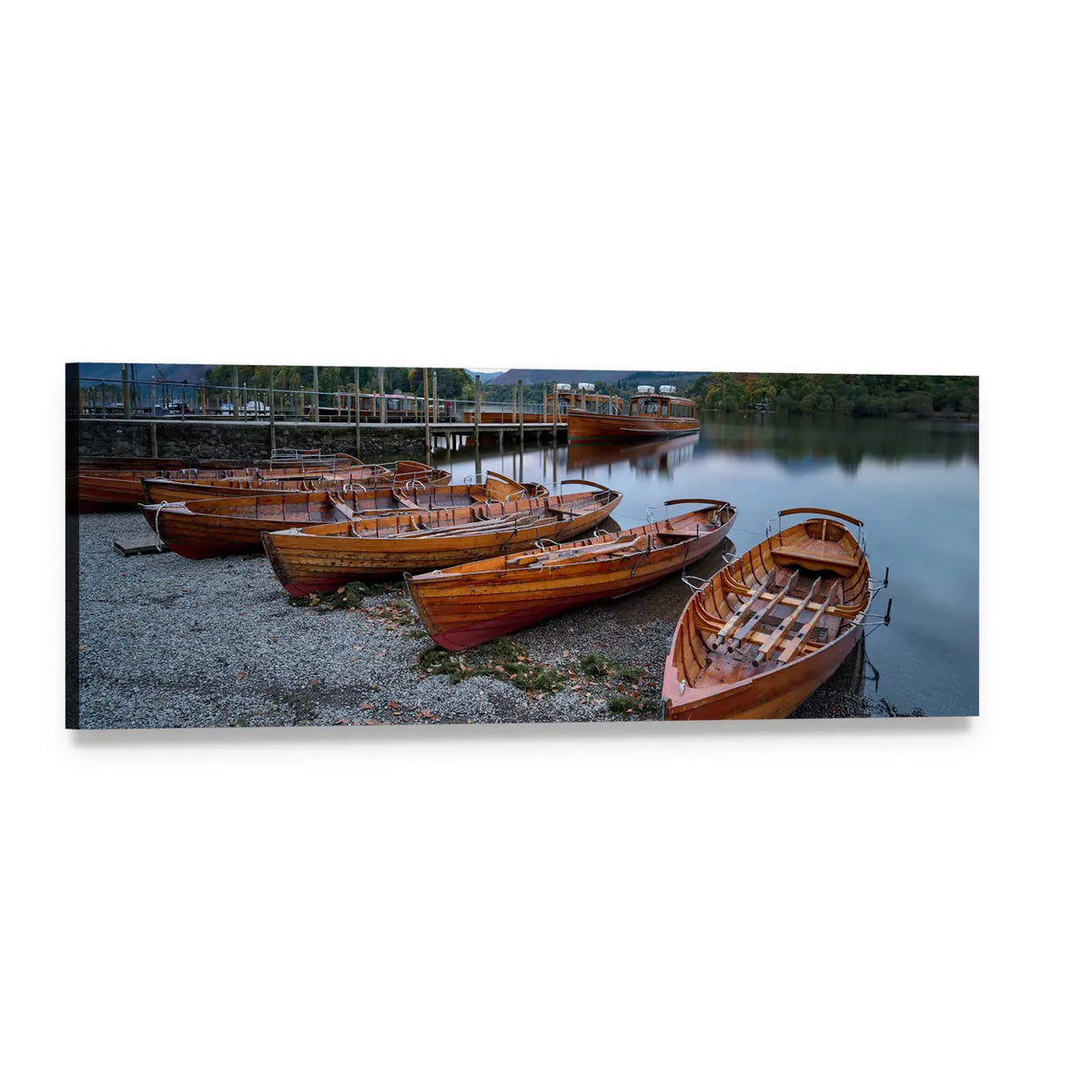Clinker-built Rowboats on Pebbled Shore Panoramic Canvas Wall Art, single panel gallery wrapped canvas, angled product view