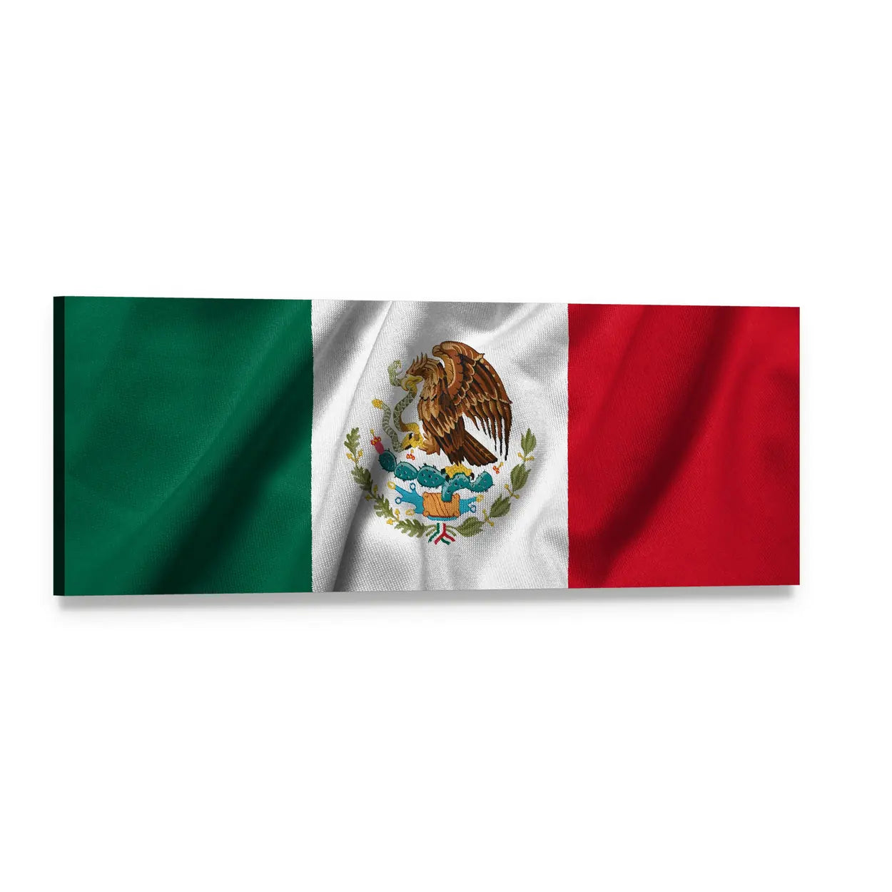 Mexican Flag with Coat of Arms Panoramic Canvas Wall Art, single panel gallery wrapped canvas, angled product view