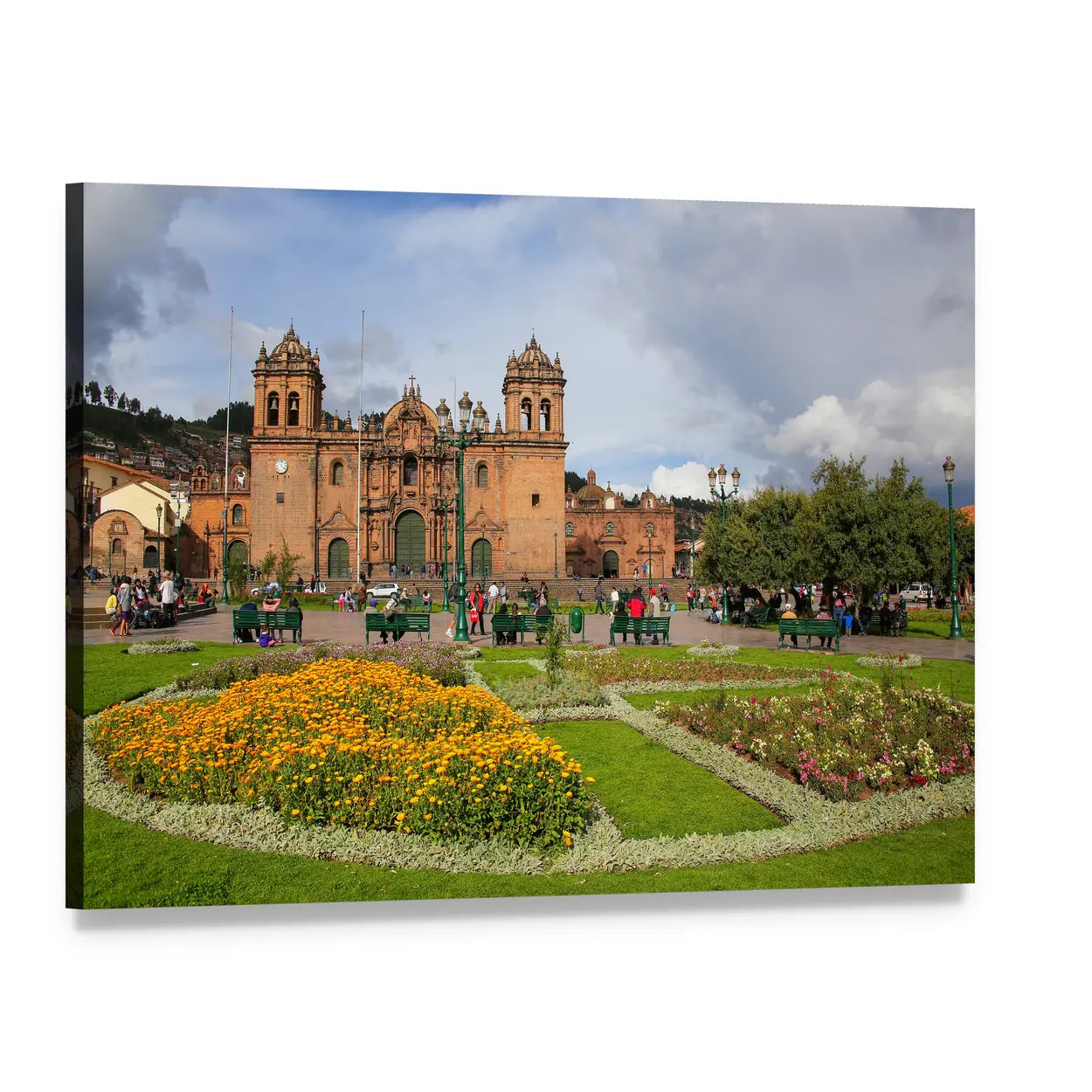 Peruvian Cathedral Basilica Plaza Canvas Wall Art, single panel gallery wrapped canvas, angled product view
