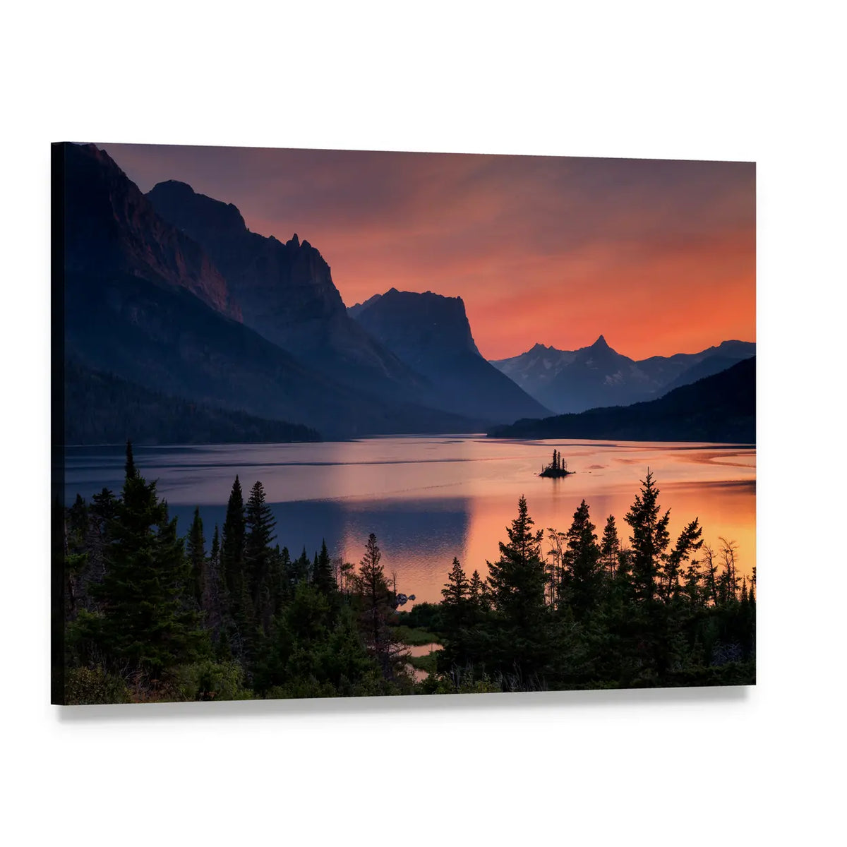 Sunset Over St. Mary Lake Canvas Wall Art, single panel gallery wrapped canvas, angled product view