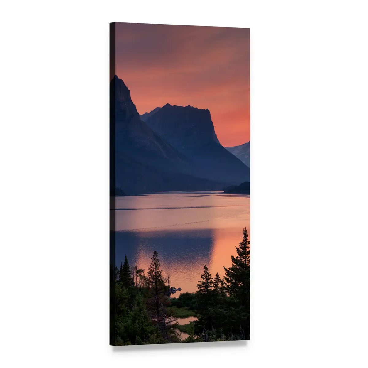 Sunset Over Mountain Lake Vertical Canvas Wall Art, 1 panel 1 Vertical layout gallery wrapped canvas set, angled product view