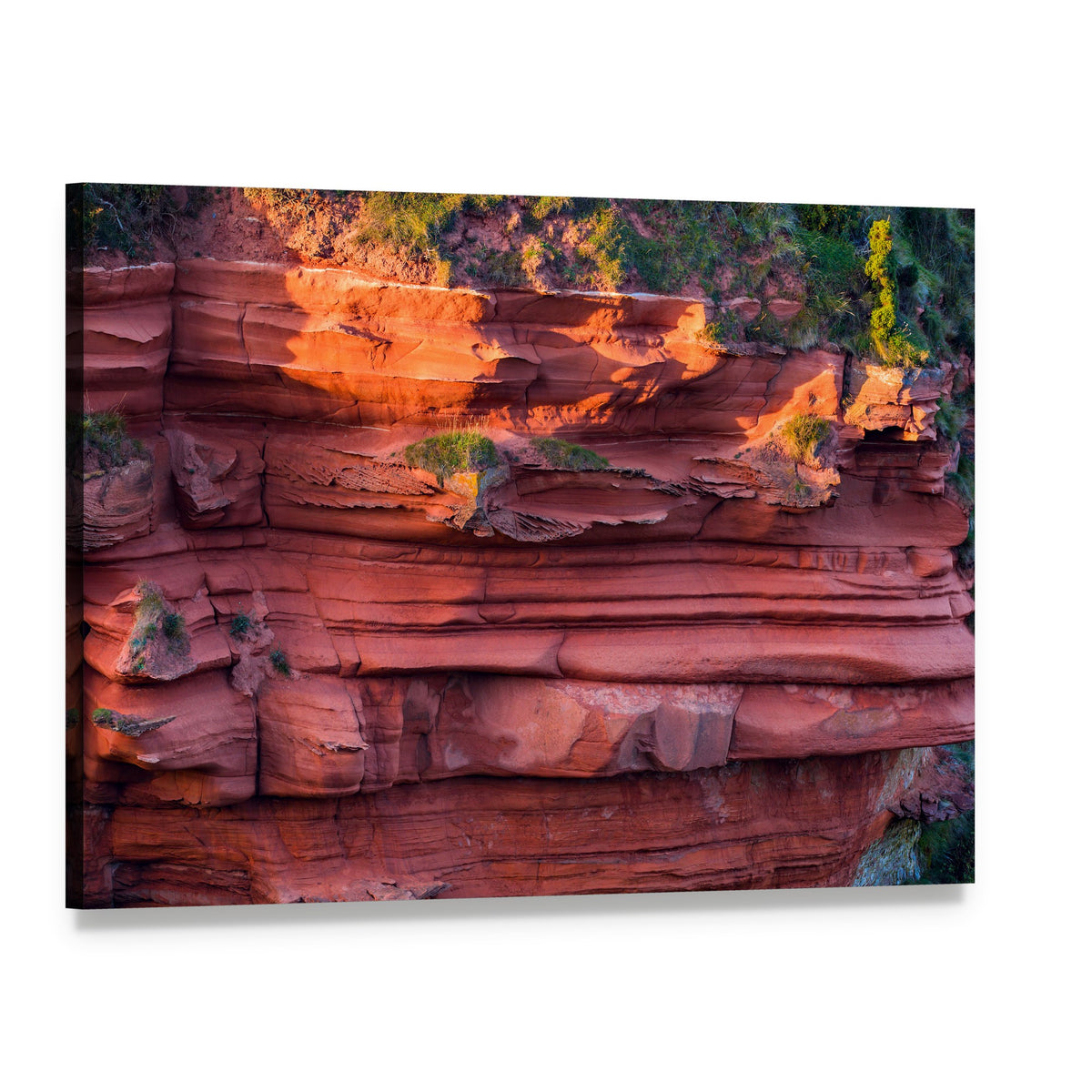 Red Layered Sedimentary Cliff Canvas Wall Art, single panel gallery wrapped canvas, angled product view