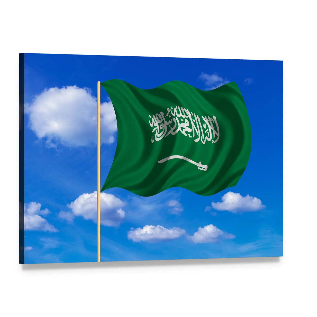 Saudi Arabian Flag Waving Against Blue Sky Canvas Wall Art, single panel gallery wrapped canvas, angled product view
