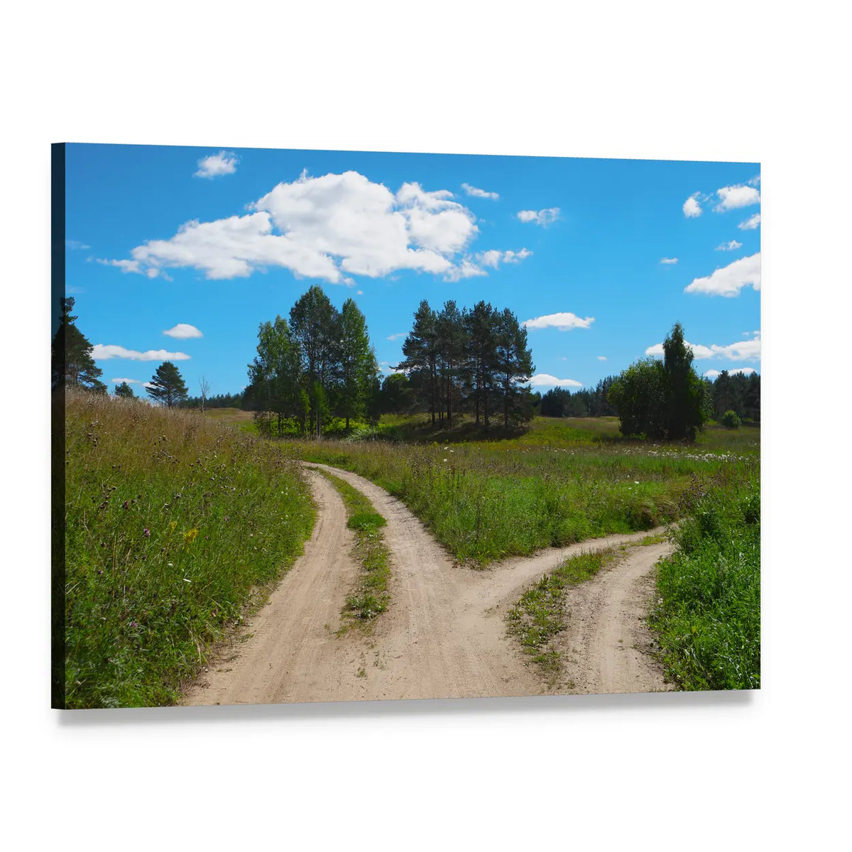 Forking Dirt Road in Summer Canvas Wall Art, single panel gallery wrapped canvas, angled product view
