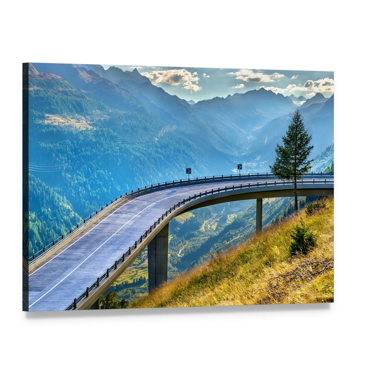 Gotthard Pass Bridge Over Curving Mountain Road Canvas Wall Art, single panel gallery wrapped canvas, angled product view