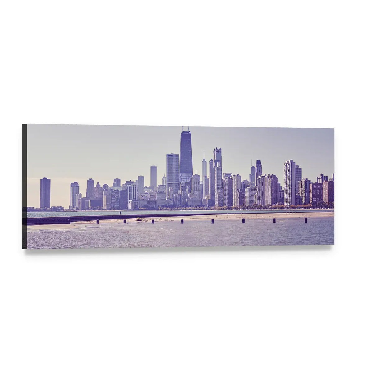 Chicago Lakefront Skyline Panoramic Canvas Wall Art, single panel gallery wrapped canvas, angled product view
