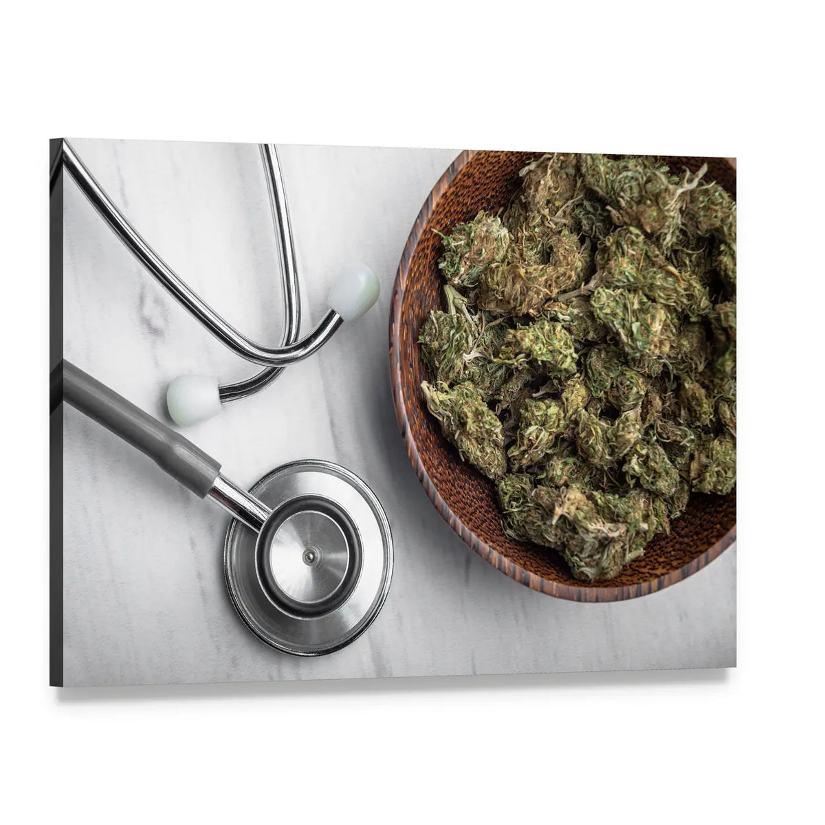 Medical Marijuana Buds with Stethoscope Canvas Wall Art, single panel gallery wrapped canvas, angled product view