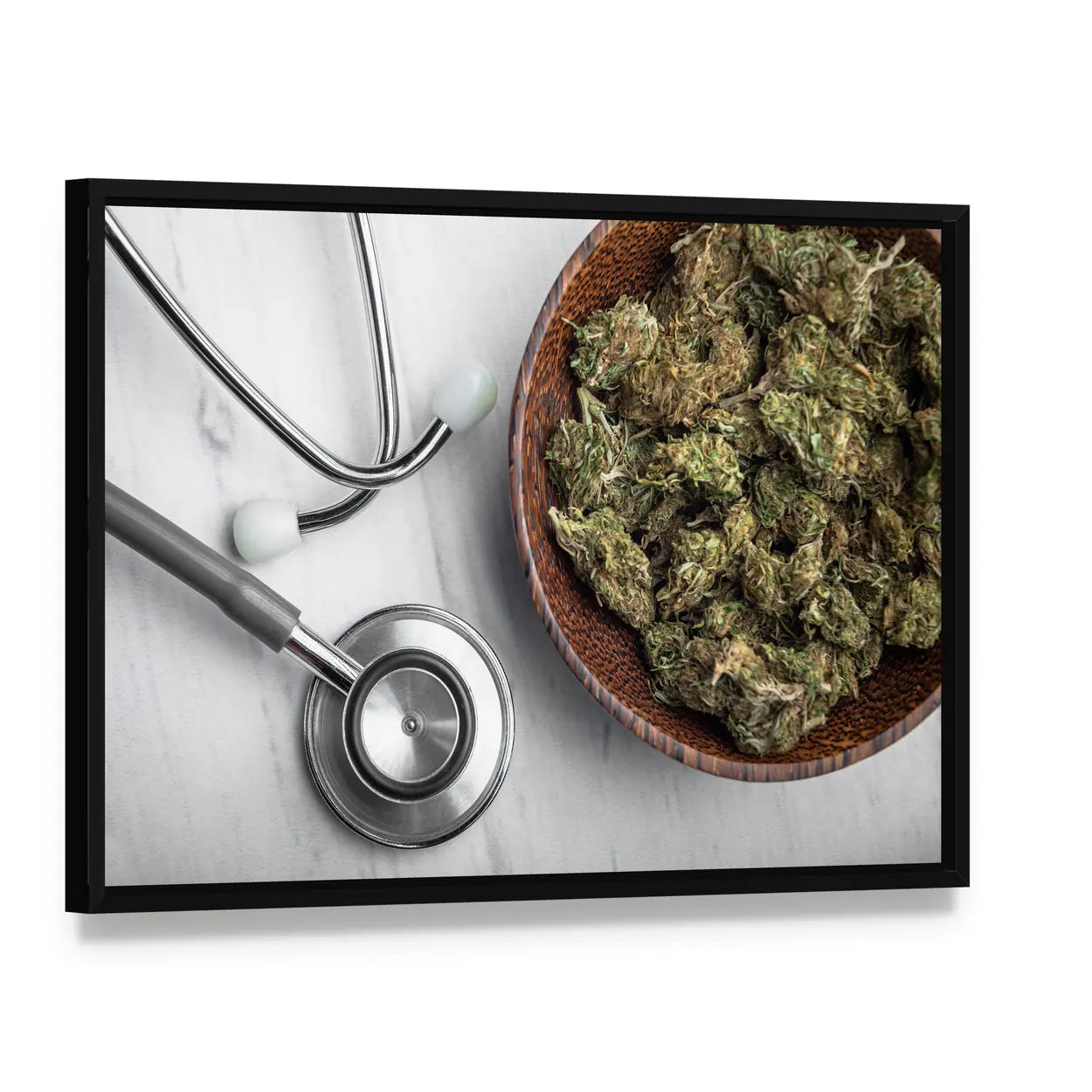 Medical Marijuana Buds with Stethoscope Canvas Wall Art, framed canvas in a black floater frame, angled product view