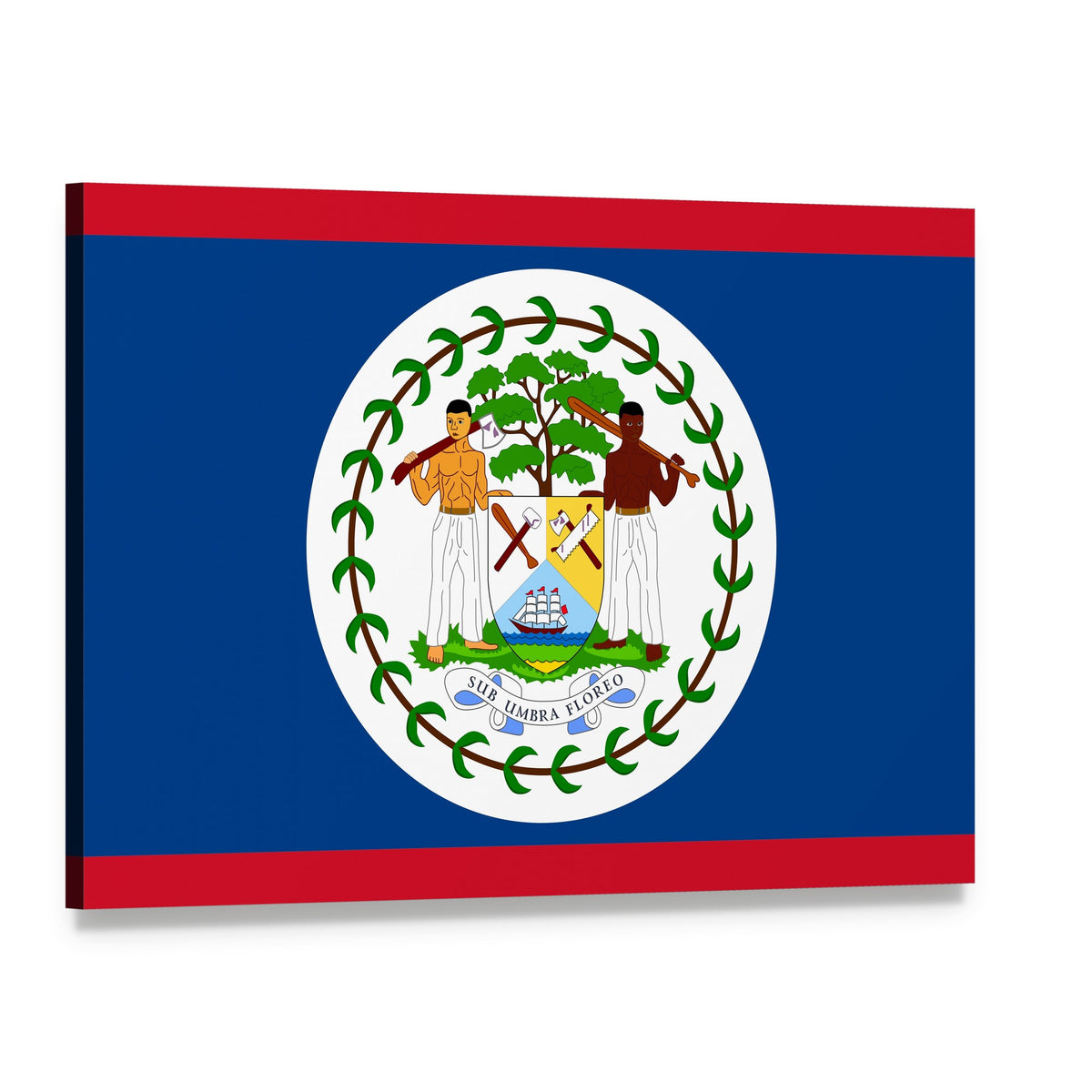 Belize Flag with National Emblem Canvas Wall Art, single panel gallery wrapped canvas, angled product view