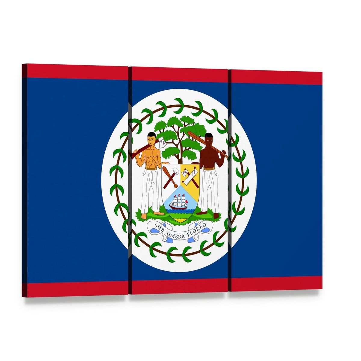 Belize Flag with National Emblem Canvas Wall Art, 3 panel 3 Horizontal layout gallery wrapped canvas set, angled product view