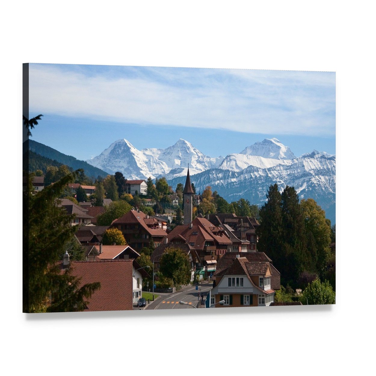 Typical Swiss Village with Snowy Peaks Canvas Wall Art, single panel gallery wrapped canvas, angled product view