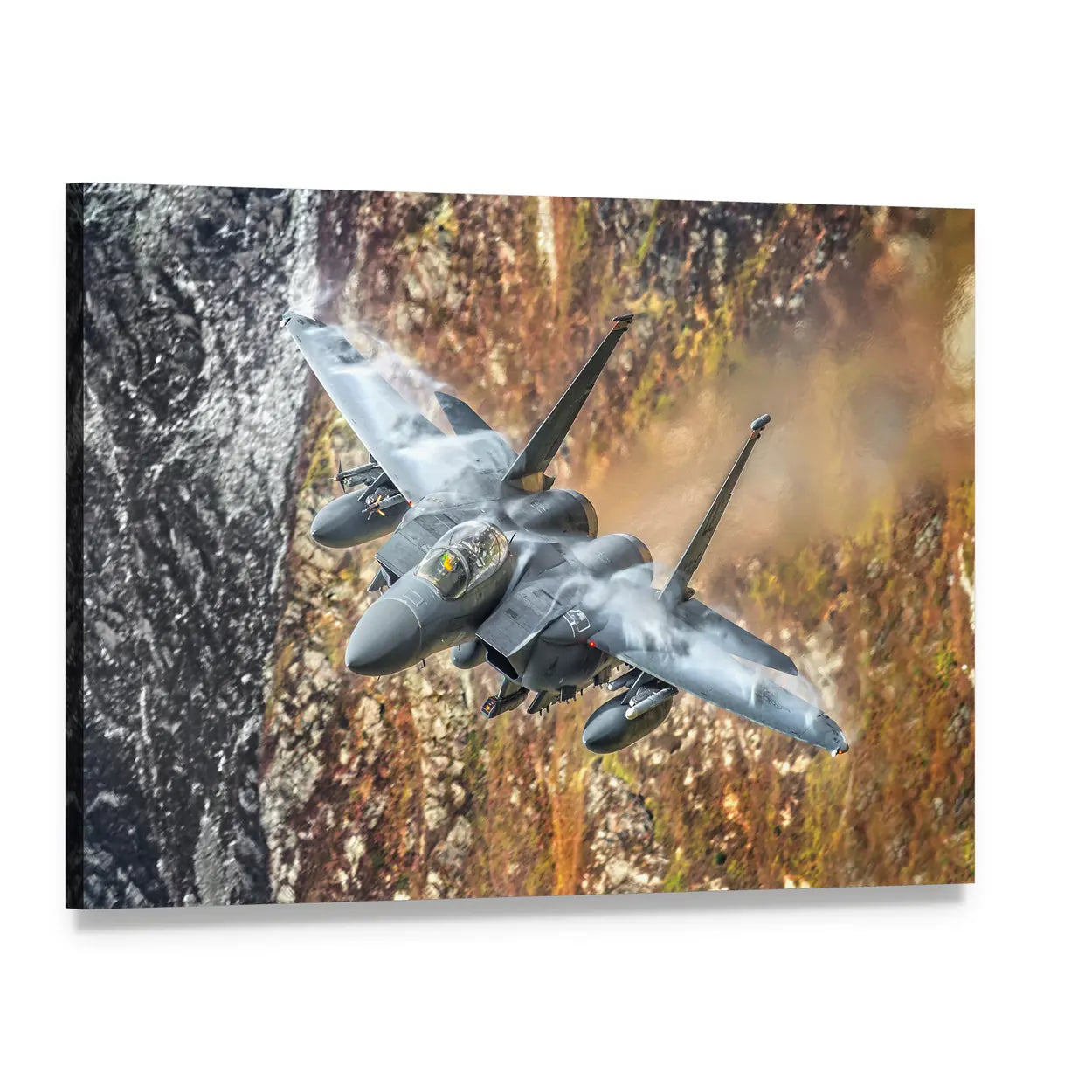 F-15 Fighter Jet Canyon Run Canvas Wall Art, single panel gallery wrapped canvas, angled product view