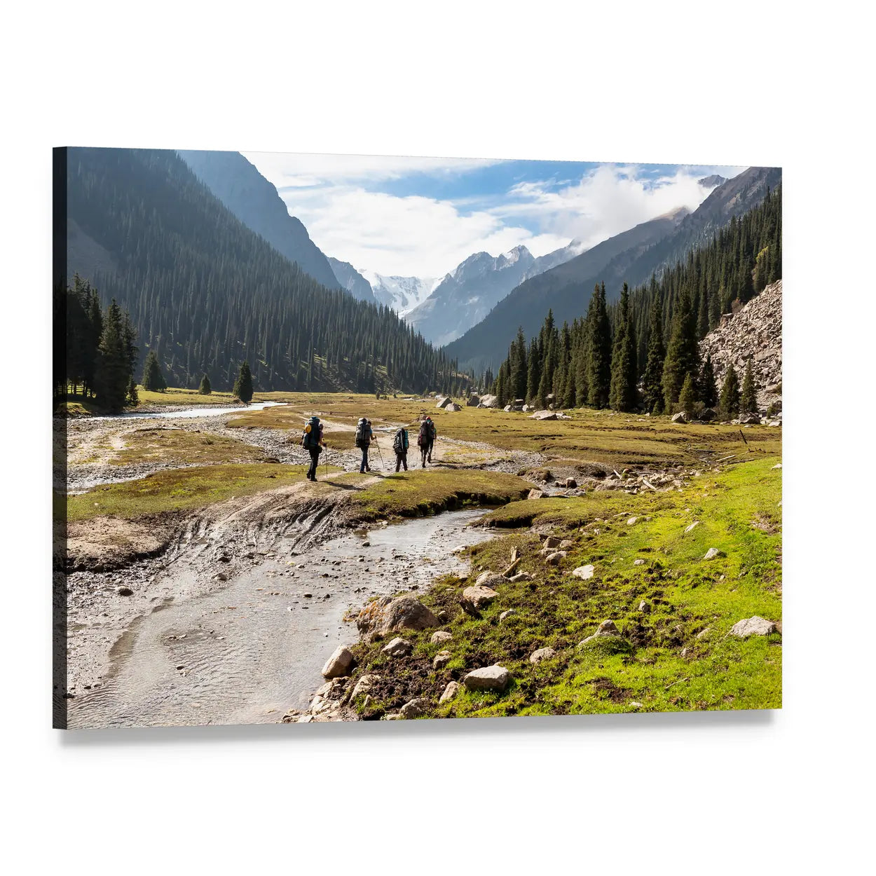 Hikers by Winding River in Snow-capped Valley Canvas Wall Art, single panel gallery wrapped canvas, angled product view