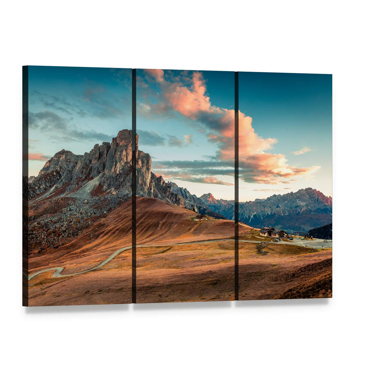 Autumn Sunrise Over Dolomite Alps Canvas Wall Art, 3 panel 3 Horizontal layout gallery wrapped canvas set, angled product view