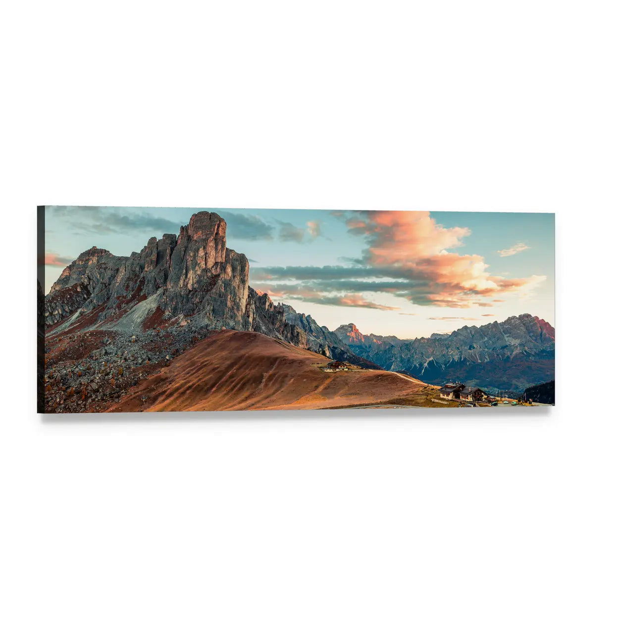 Sunrise Over Dolomite Alps Panoramic Canvas Wall Art, single panel gallery wrapped canvas, angled product view