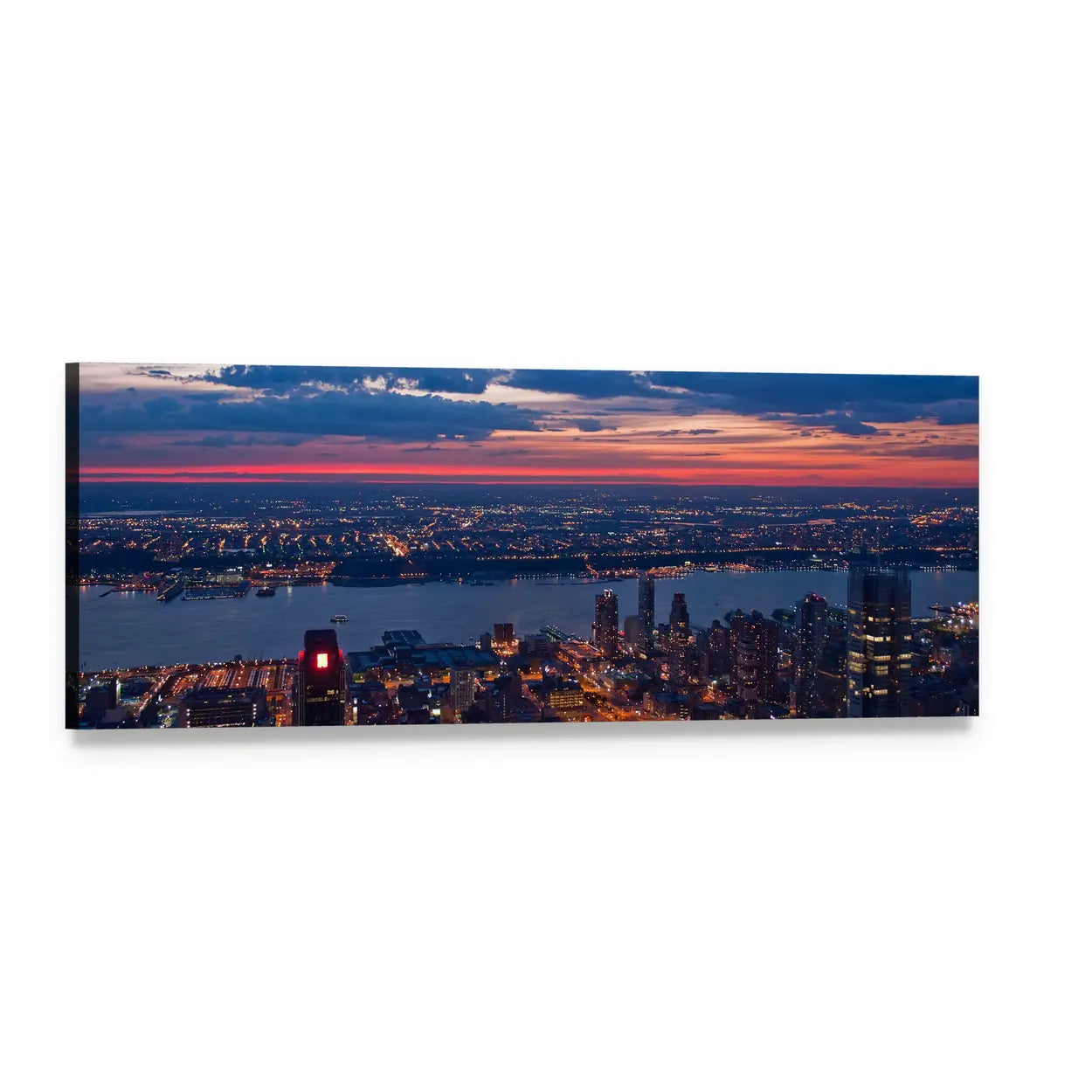 Twilight City Skyline Over River Panoramic Canvas Wall Art, single panel gallery wrapped canvas, angled product view