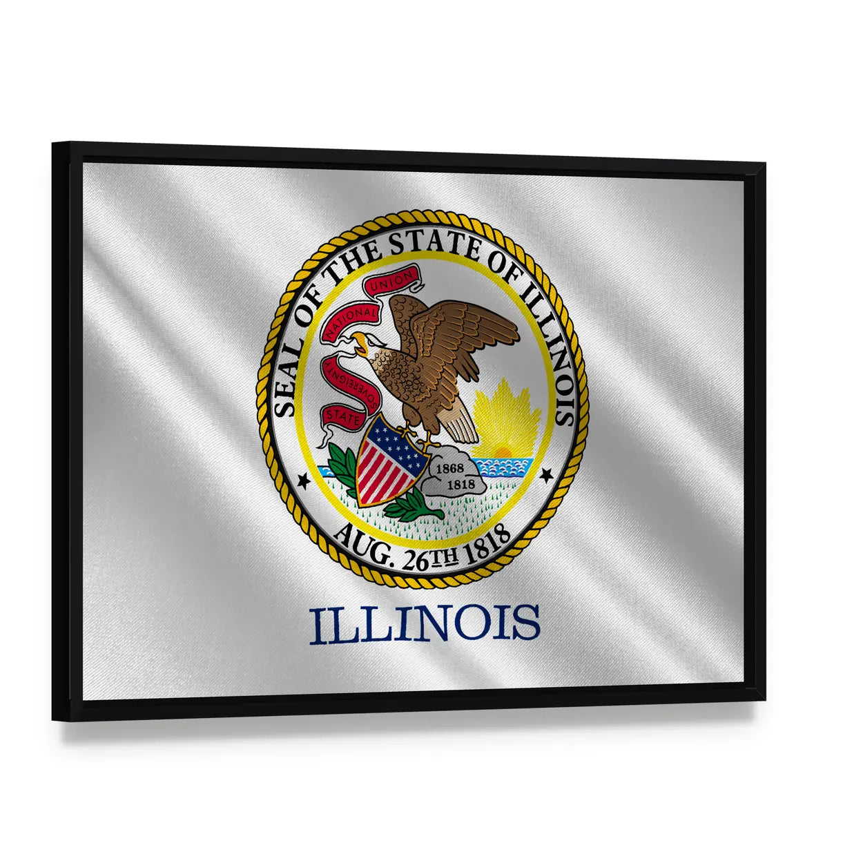 Illinois State Flag and Seal Canvas Wall Art, framed canvas in a black floater frame, angled product view