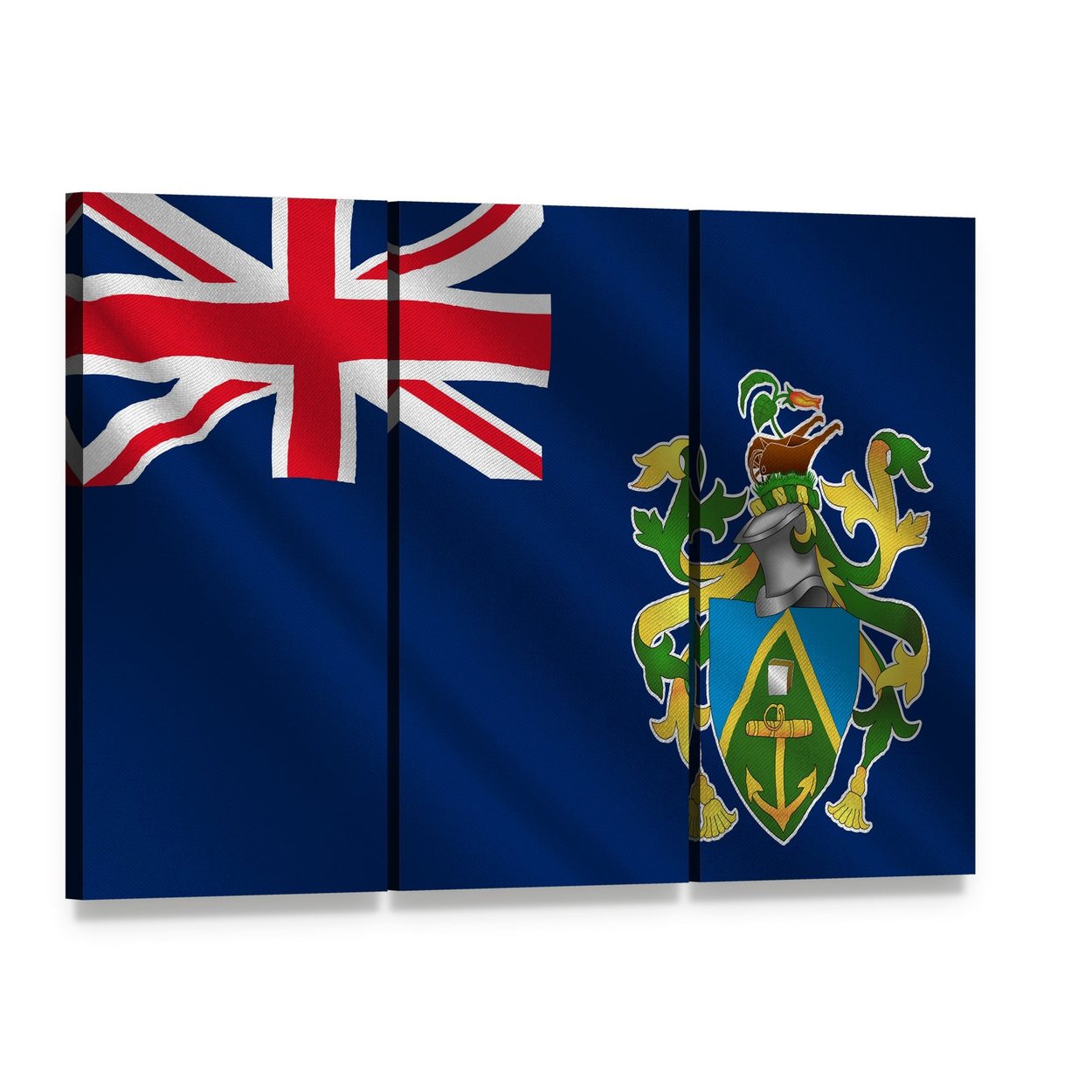 Waving Pitcairn Islands Flag Canvas Wall Art, 3 panel 3 Horizontal layout gallery wrapped canvas set, angled product view