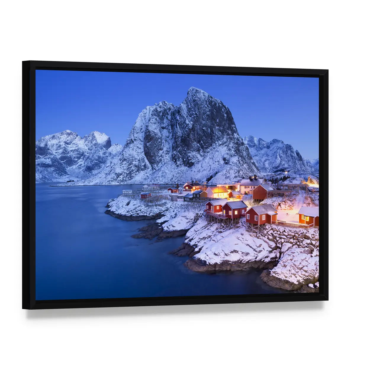 Lofoten Fisherman's Cabins Canvas Wall Art, framed canvas in a black floater frame, angled product view