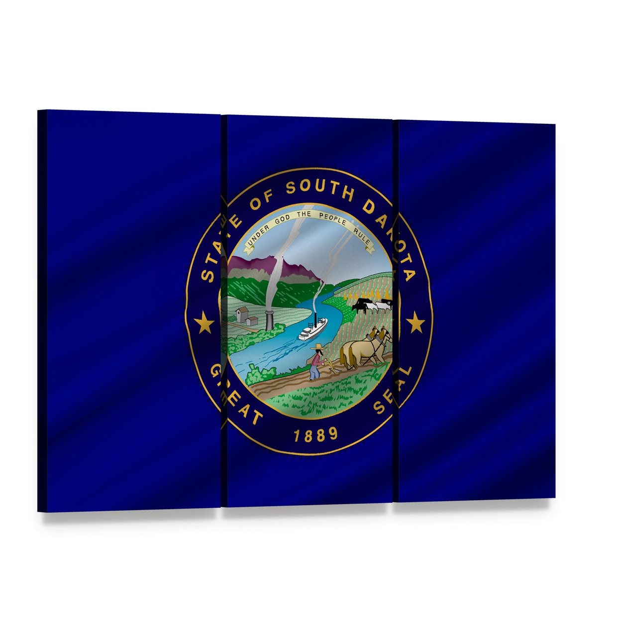 South Dakota State Flag Canvas Wall Art, 3 panel 3 Horizontal layout gallery wrapped canvas set, angled product view