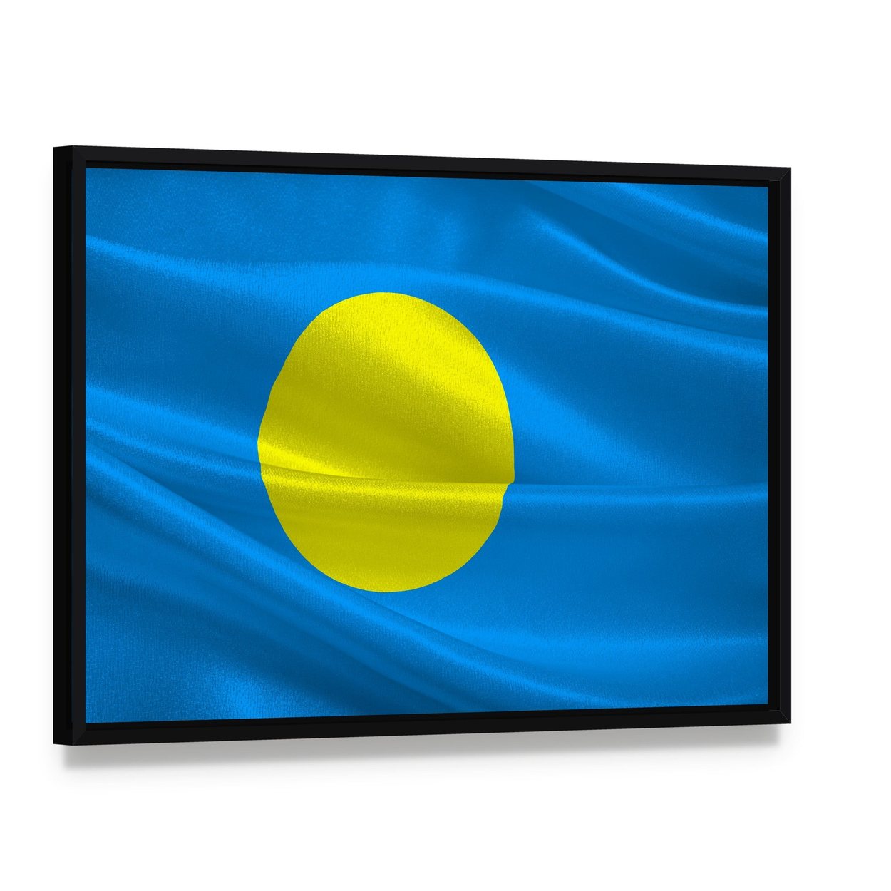 Flag of Palau Canvas Wall Art, framed canvas in a black floater frame, angled product view