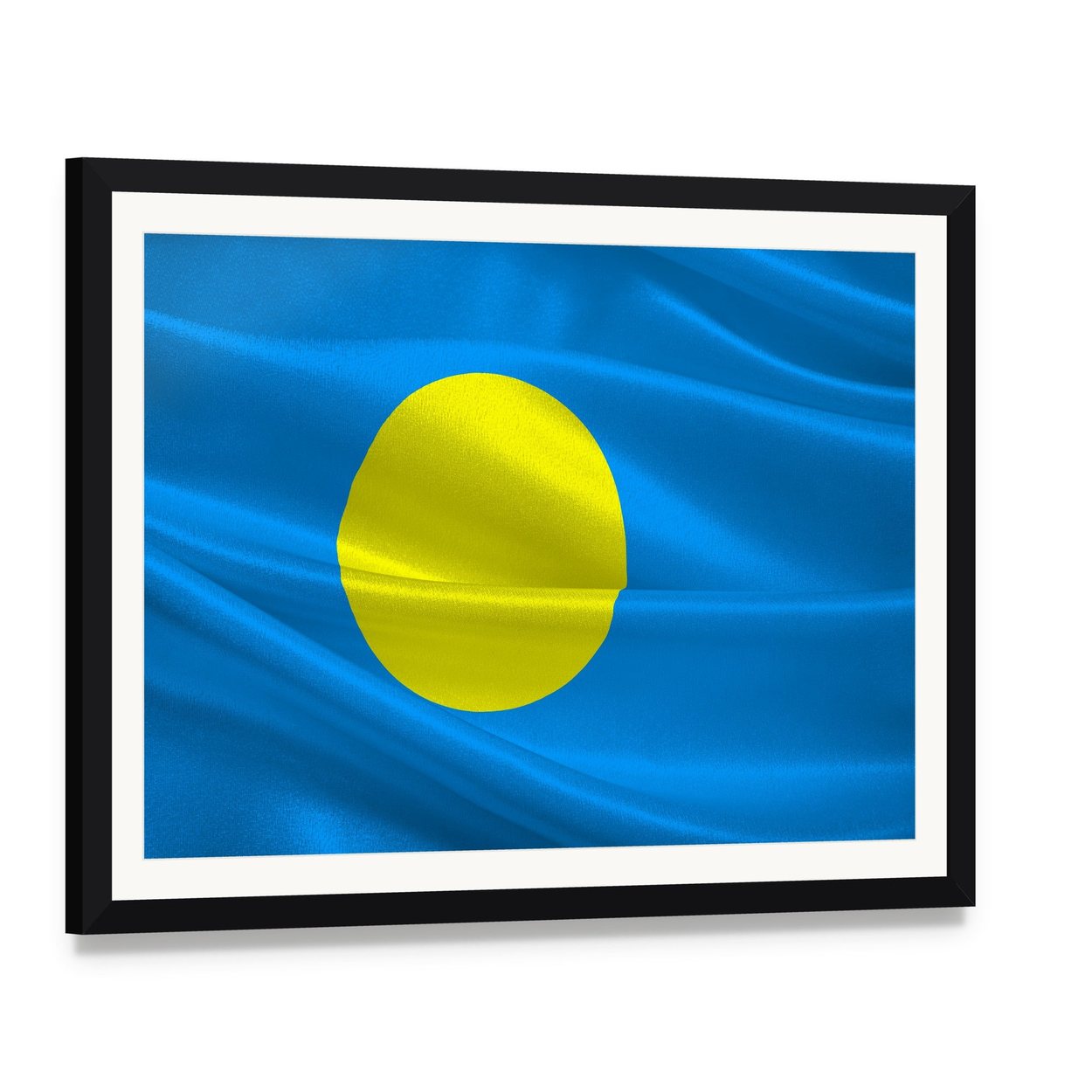Flag of Palau Canvas Wall Art, framed print with white mat and black frame, angled product view